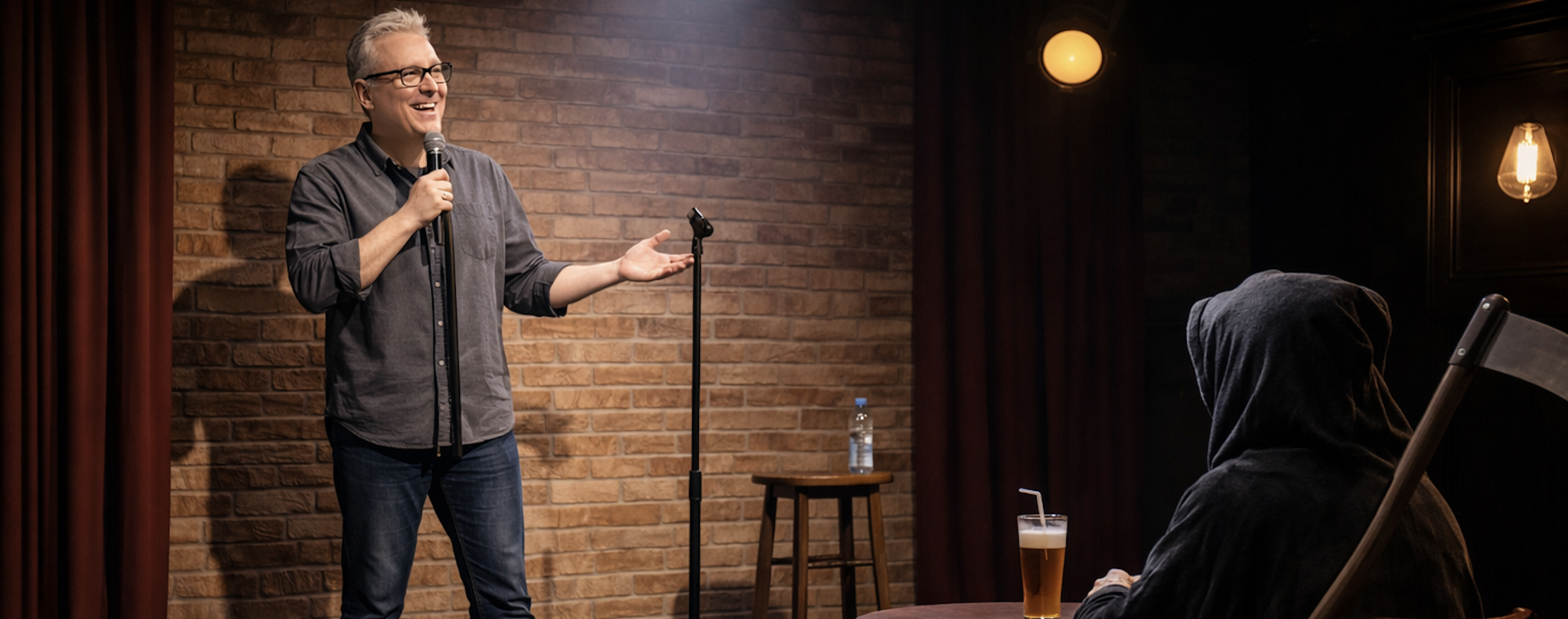 A picture of a comedian on stage at a comedy club where the Grim Reaper is the only audience member.